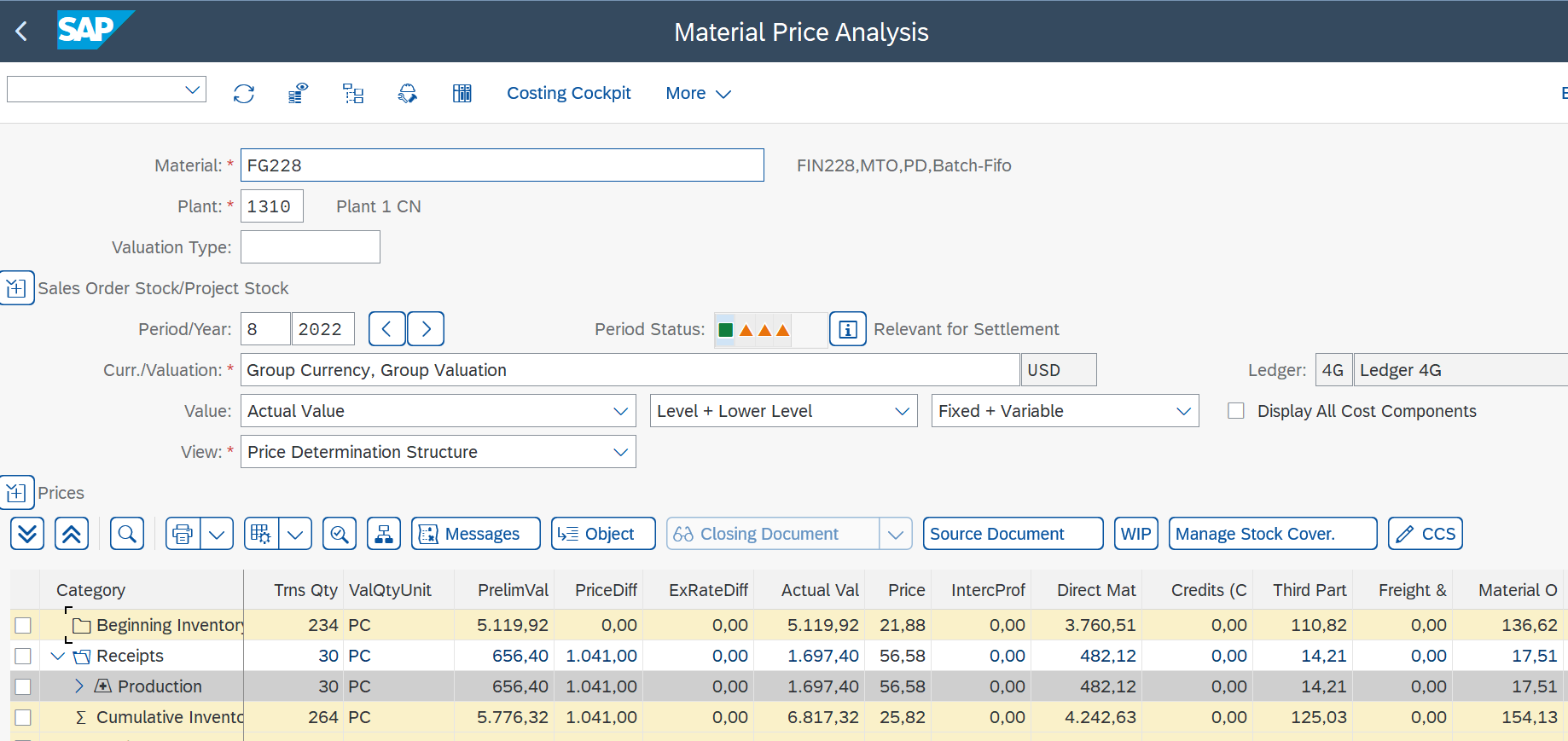 Figure 6 Material Price Analysis in Group Valuation Ledger