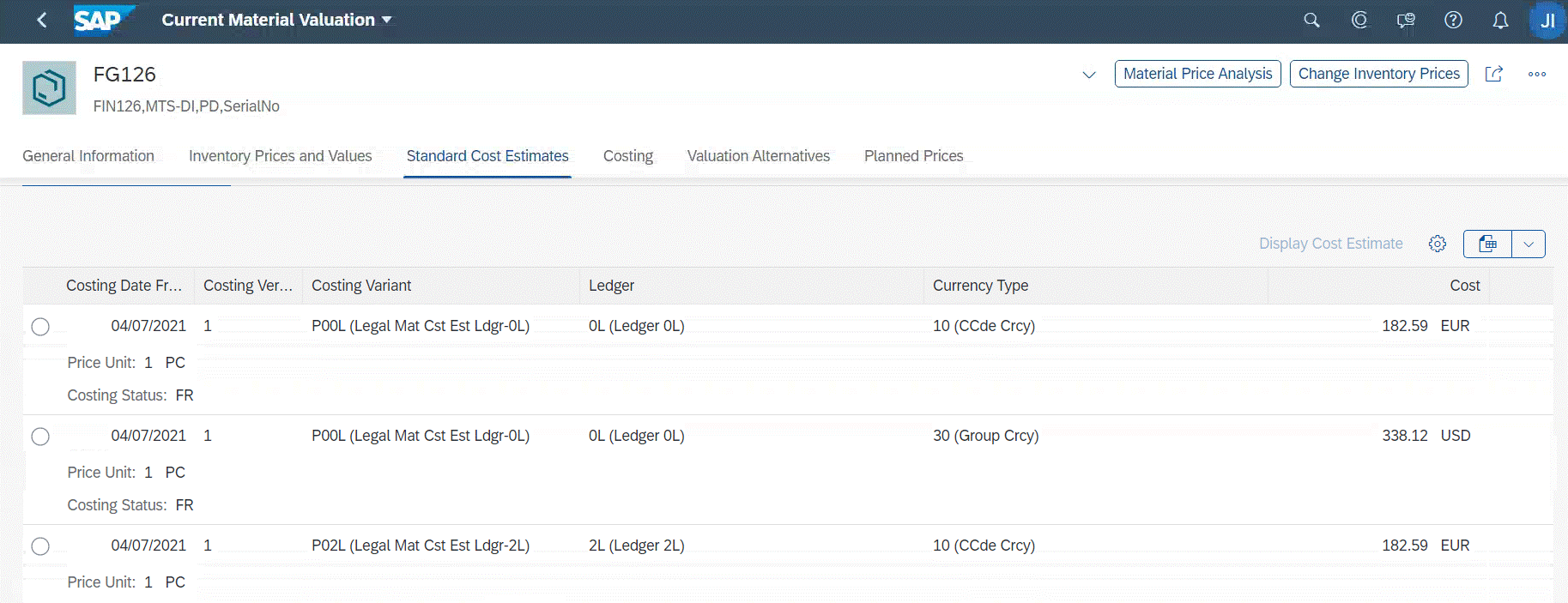 Figure 7 Current Material Valuation Standard Cost Estimates