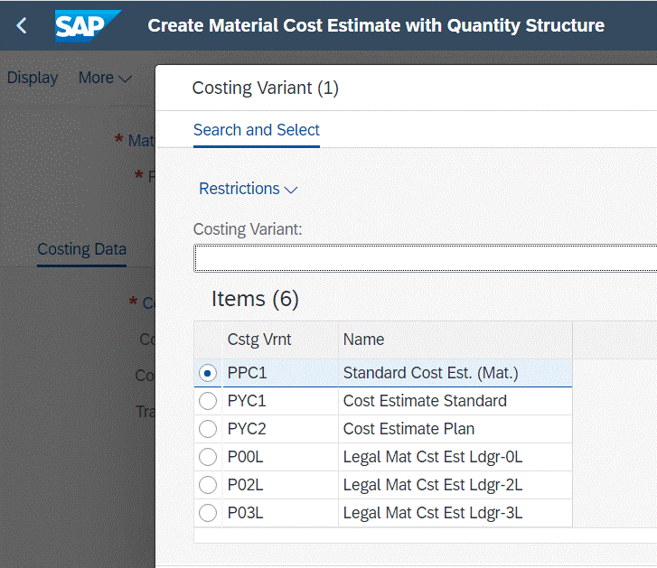 Figure 8 Sample Costing Variants